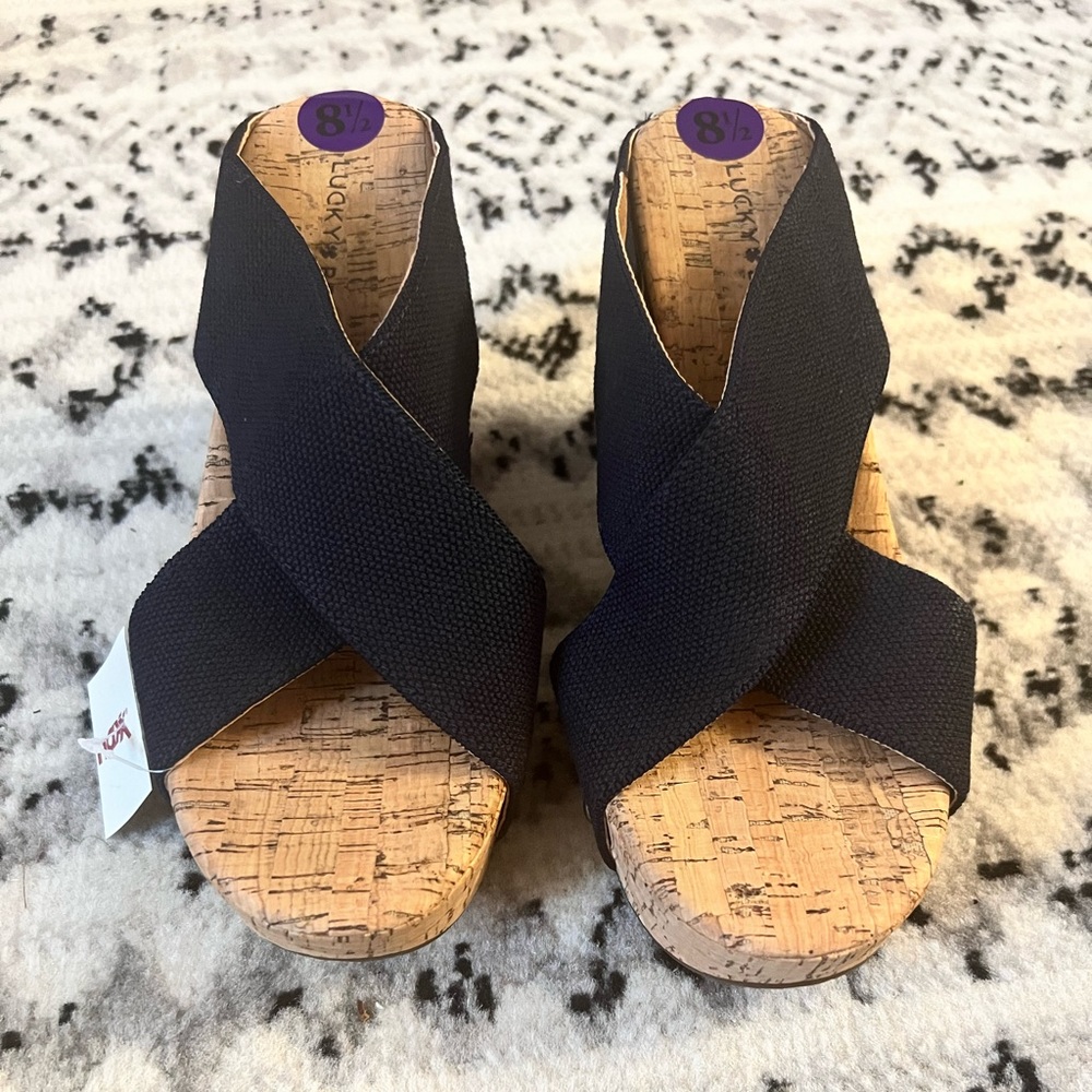 Navy blue Lucky Brand cork platform wedge sandal